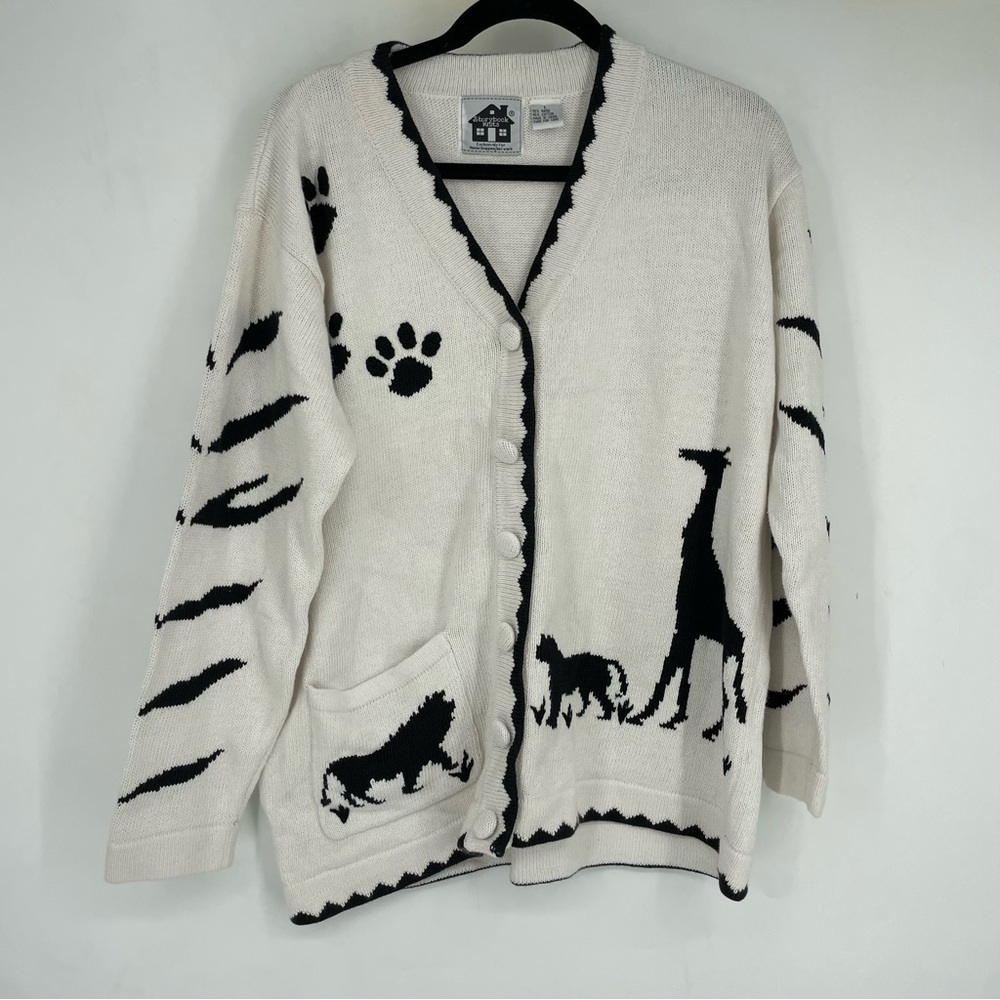 Vintage 90s Storybook Knit Womens Large Safari Animal White Knit Cardigan